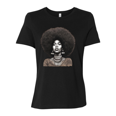 Black t-shirt featuring an illustration of a beautiful woman with an afro, celebrating confidence and natural beauty- inspirational tees
